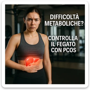 woman in sportswear, hand on liver area, serious expression, liver area highlighted with red light, Italian text: 'Difficoltà metaboliche? Controlla il fegato con PCOS', gym background, 4K quality sticker
