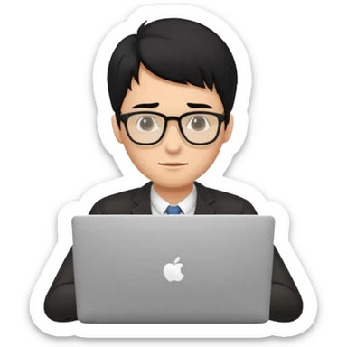 a fair man with black hair working on laptop , front view sticker