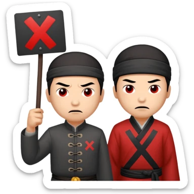 qing empire man who is of han ethnicity who looks angry that is holding a sign that has a red x on it to another man who is not han ethnicity who looks sad sticker