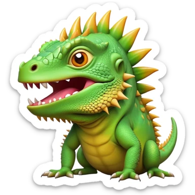 Cinematic Comical Iguana Portrait Emoji, Head tilted dramatically with an exaggeratedly shocked expression, featuring a robust, textured body with a quirky, spiky crest and wide, comically expressive eyes full of playful disbelief, Simplified yet hilariously expressive features, highly detailed, glowing with a slightly sassy jungle glow, high shine, dramatic yet playful, stylized with an air of quirky reptilian mischief, soft glowing outline, capturing the essence of a meme-worthy iguana that looks ready to side-eye its way into viral fame! sticker