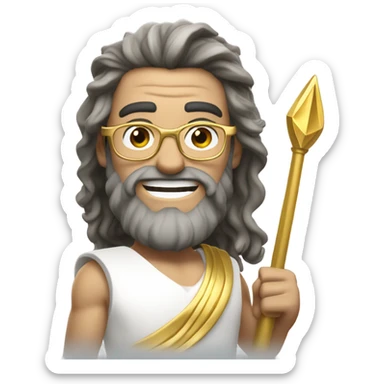 white Poseidon with gold Trident and nerd glasses. long hair white dress. smile . wink. pointing us sticker