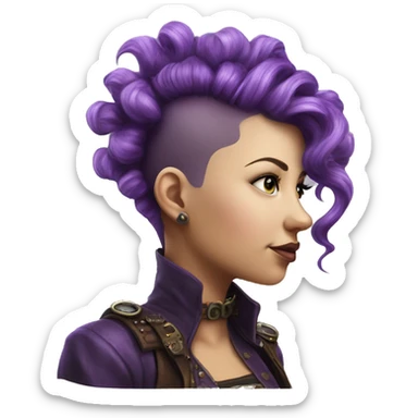 Photorealistic steampunk profile short mohawk purple wavy  on Caucasian girl with small nose round face sticker
