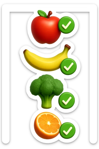 emoji stile iphone in 3d di cibo sano che fluttua in aria vericalmente insieme a spunte verdi di verificato, iperrealistico 4k sticker
