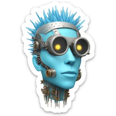 Pastel blue Mohawk cyborg head with silver steampunk goggles and circuits sticker