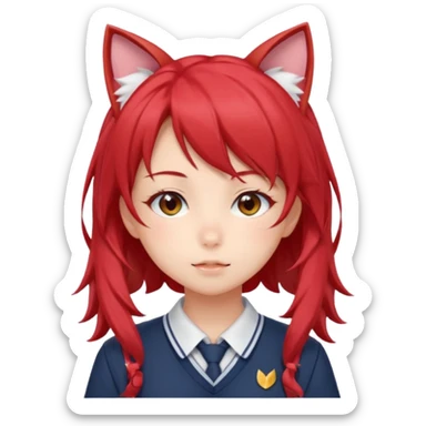 cute anime girl with cat ears, red blowing hair sticker