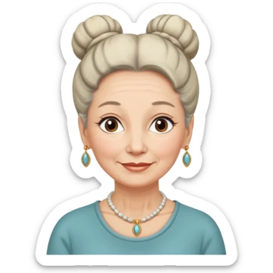 emoji of a lady in her 70s, hair in a neat bun, wearing a necklace, warm expression sticker