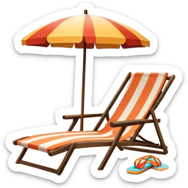 Icon for Beach Tourism: a sandy beach with a ocean skyline in the background, lounge chair, sun umbrella and flip-flops. The icon should capture the relaxation and fun of a beach vacation. Transparent background sticker