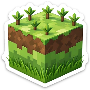 Minecraft grass block, square shape, brown and green, smooth, isometric sticker