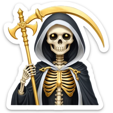 feminine skeleton grim reaper in a gold with scythe sticker