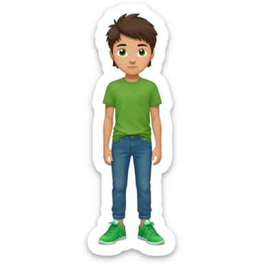 A 14 yerar old teenage boy, tanned, wearing a green t-shirt , blue jeans and green sneakers with dark brown tousled hair, smirking sticker