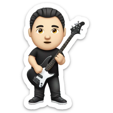 chubby chinese guy with fair skin, man bun, black shirt and bass guitar caricature sticker