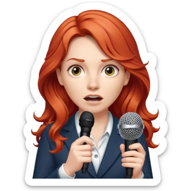 Intense fear of public speaking, white woman, long curly red hair, make hair more wavy and less puffy. Please add a microphone. sticker