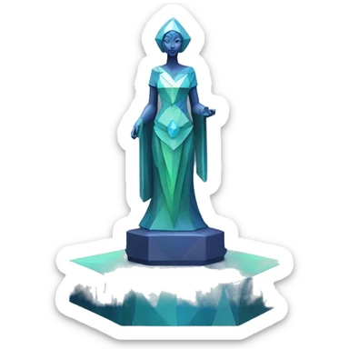 Sculpture oracle priestess with a geometric faceted design with disney features. Oracle of delphi is sparkling and standing upright on a base with angular and flower features. The vibrant blues neutrals and greens highlights the sharp edges and planes.  sticker