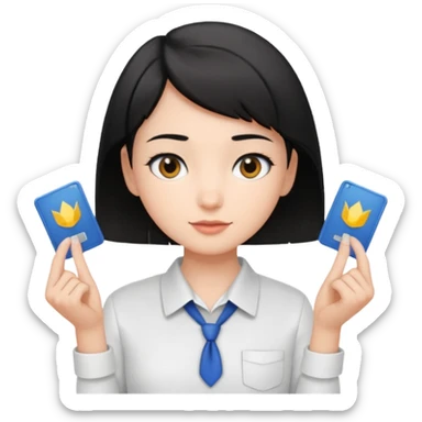 A young guide with short black hair and fair skin is wearing a white shirt, showcasing her license with both hands, which is horizontal. sticker