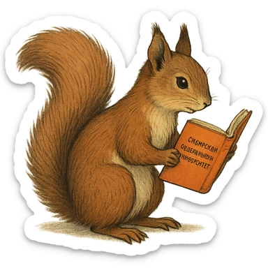 A cute brown squirrel with an orange book, studying at Siberian Federal University, side view, full body, detailed fur, intelligent and beautiful sticker