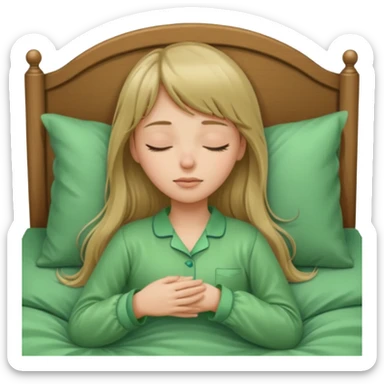 Young woman with long dark blond hair and a bang sleeping in bed  with green pyjama sticker