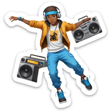 Icon for Street Dance: a dancer in urban streetwear performing a dynamic breakdance move, with a spray-painted background  and boombox nearby,  headphones. The icon should represent the energy, style, and creativity of street dance culture. Transparent background. sticker