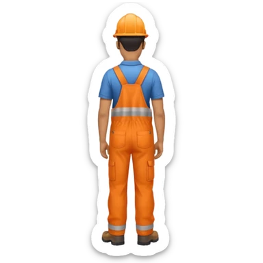 Indian male railway engineer orange overalls, boots holding a clipboard back view sticker