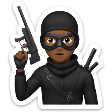 A young African male wearing a ski mask in full black clothing, holding a micro Draco gun in the air carelessly sticker