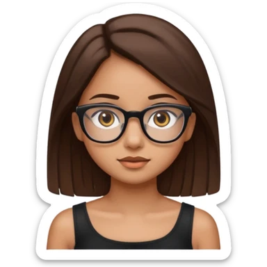 Imagine a girl with slightly light brown skin with big brown eyes and glasses. She has straight brown hair and is wearing a black tube top sticker