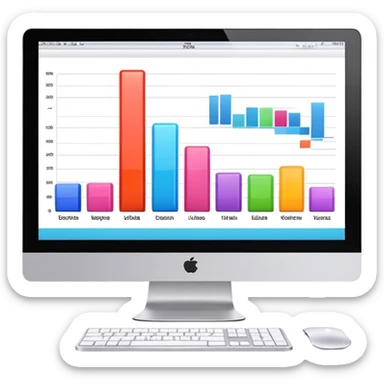 iMac computer with bar charts and beauty products inside the screen sticker