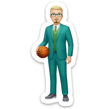 Full Body white male plus size wearing glasses with a goatee with light blonde and gray very short hair happy basketball head Coach in blue and green suit sticker