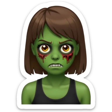 Crie um emoji de zumbi do iphone que tenha o cabelo castanho médio, de cumprimento no peito, que tenha uma franja no tamanho da sobrancelha, com os olhos escuros e que use uma regata preta sticker