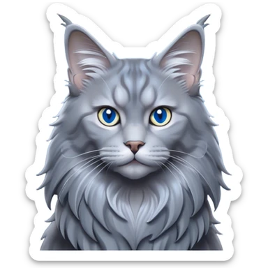 Cinematic Solid Grey Maine Coon Cat Portrait Emoji, Elegant and alert, sleek grey and silver tones with soft undercurrents of blue, Simplified yet sharp features, highly detailed, glowing with a calm, wise glow, high shine, intelligent and poised with a long, wise face that speaks of experience, stylized with an air of grace, focused and attentive, soft glowing outline, capturing the essence of strength and wisdom, so lifelike it feels as though it could spring into motion at any moment, exuding a sense of majestic age and quiet dignity. sticker