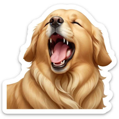 Cinematic Cute Yawning Golden Retriever Portrait Emoji, Head tilted slightly with a dramatic, wide-open yawn, revealing a silky golden coat with a subtle shimmer, floppy ears slightly drooping, round brown eyes barely open in drowsy contentment, Simplified yet irresistibly adorable features, highly detailed, glowing with a soft, cozy glow, high shine, relaxed yet expressive, stylized with a touch of whimsy, bright and endearing, soft glowing outline, capturing the essence of a sleepy yet affectionate companion, so drowsy it feels like it could stretch out of the screen and curl up for a nap! sticker