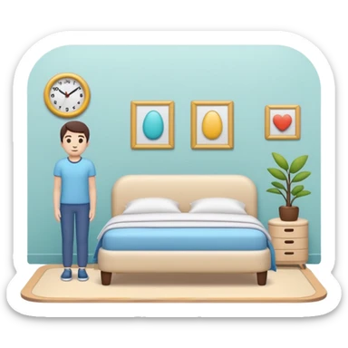 cozy clean room with neatly organized objects, simplified human character standing peacefully, feeling satisfied and calm, sense of order and balance, flat custom emoji sticker, pastel colors, rounded shapes, minimal details, thick outline, white background, no text sticker