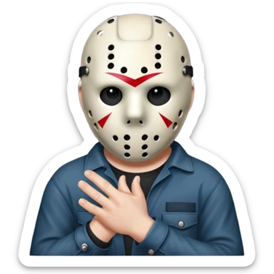 a cartoon image of Jason Voorhees, looking cute, with his hands clasped in front of him, at a sideways angle sticker