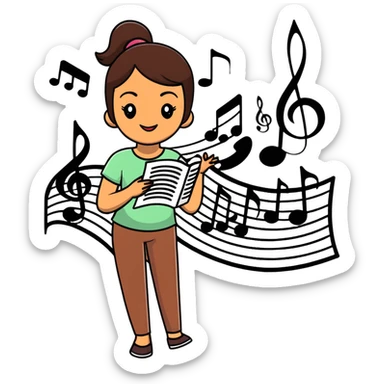 young morena woman with medium-brown skin, long straight dark brown hair, thick eyebrows, almond-shaped dark brown eyes, full lips, gentle smile, surrounded by musical notes, treble clefs, sound waves, dreamy colorful illustration, sticker-like white outline sticker