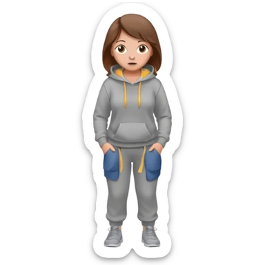 Chica grande  asustada de cuerpo completo con pelo castaño pantalones grises y hoodie gris  sticker