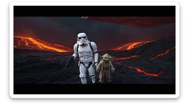 Cinematic still, Shot on vlog camera, Starwars stormtroopers vlogging , he is walking on lava planet with yoda sticker