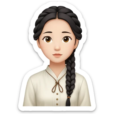  A Chinese girl with a long braid, a brown hairpin shaped , and a white blouse, breathing in the spring air. sticker
