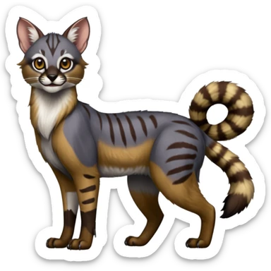 Realistic edgy bluish greyish blackish whitish silvery coppery Shiny Colorful Dusky Dark Gloomy Glossy Genet-Caracal-Lion-Bobcat-fusion-animal-hybrid-creature, full body, tufted ears, long thin tufted tail sticker