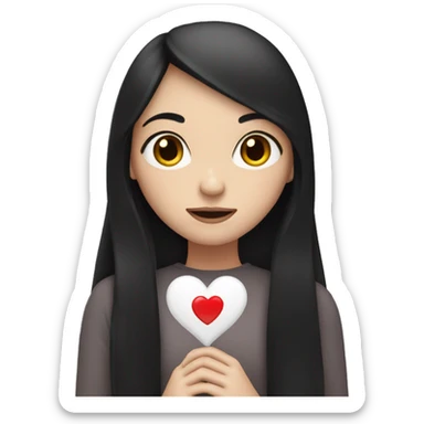Pale girl with long black hair holding heart in her hands  sticker