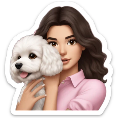 brunette Kendall Jenner with long hair holding on the hands white maltipoo wear on pink collar sticker