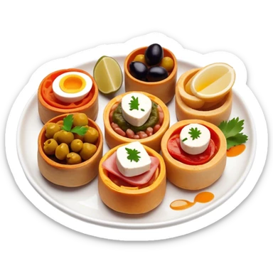 Tapas (4 Pintxos) Cinematic Realistic Tapas Dish Emoji, depicted as an assortment of 4 pintxos elegantly arranged on a plate, rendered with lifelike textures and vibrant, inviting lighting. sticker