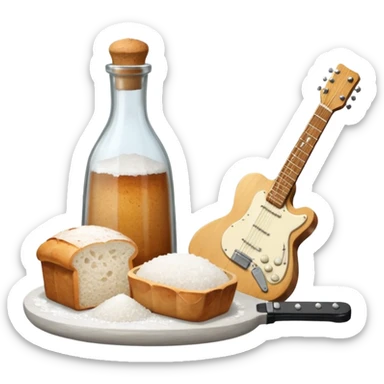 a bottle of salt (salt shaker) and a loaf of peasant bread with a small electric guitar - still life composition sticker