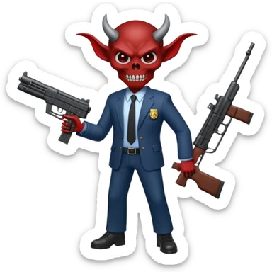 A Demon from hell that is dressed like a fbi agent with a machine gun, full body pointing the machine fun to the left. In the style of your bleeding skull artwork. sticker