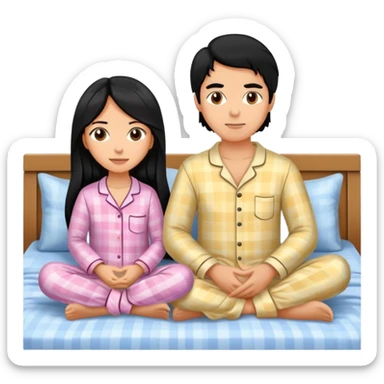 A man with black hair and a woman with long hair are sitting on the bed in pajamas sticker