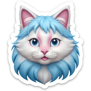 A cute fluffy long-haired cat face emoji, grey and white bicolor fur, thick white mane around the neck, stunning icy blue eyes, pink nose, long whiskers, looking up slightly, soft lighting, 3D Apple style emoji, high detail. sticker