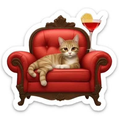 cat laying on vintage red sofa holding a fancy cocktail in its paw sticker
