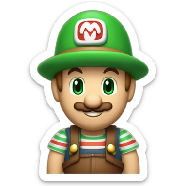 bavarian october fest visitor in super mario style. With a green hat, blue and white stripes shirt and brown leather pants.  sticker
