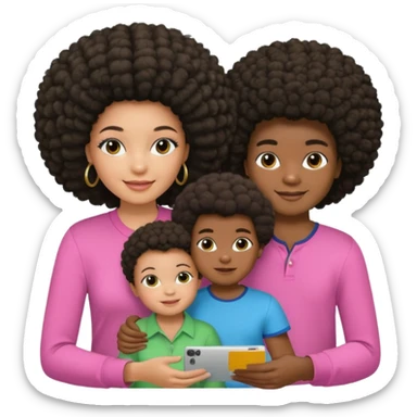 Polaroid photo with a dark woman with an afro hairstyle and a green blouse, two children: a boy with straight hair and a blue shirt, and a baby girl in a pink shirt. All are smiling. sticker
