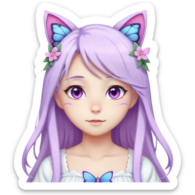 female anime character with pink eyes long white hair and periwinkle highlights and cat ears on her head. She is wearing a white dress with purple flowers and butterfly. sticker