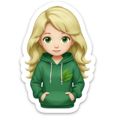 Chibi anime girl, full body, long wavy blonde hair, large green eyes, blushing cheeks, shy smile, leaning forward, wearing an oversized green hoodie with a dark green leaf pattern. sticker