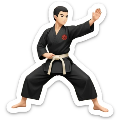 An icon depicting a martial artist in a black gi performing an Aikido technique in a dojo. The background showcases wooden floors, traditional dojo decor, and soft lighting that creates a peaceful yet focused atmosphere. The Aikido practitioner demonstrates fluid movement and precision.  sticker