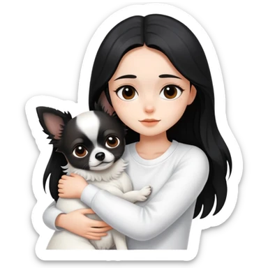 A girl with fair skin, wearing white clothes, gently and tightly hugs a black long-haired Chihuahua sticker